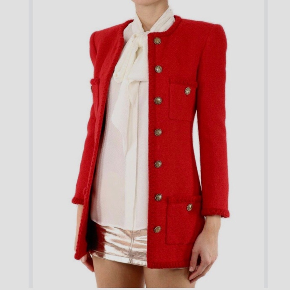 SAINT LAURENT PARIS DIAMOND EMBOSSED WOOL TWEED BLAZER JACKET RED - Picture 16 of 16